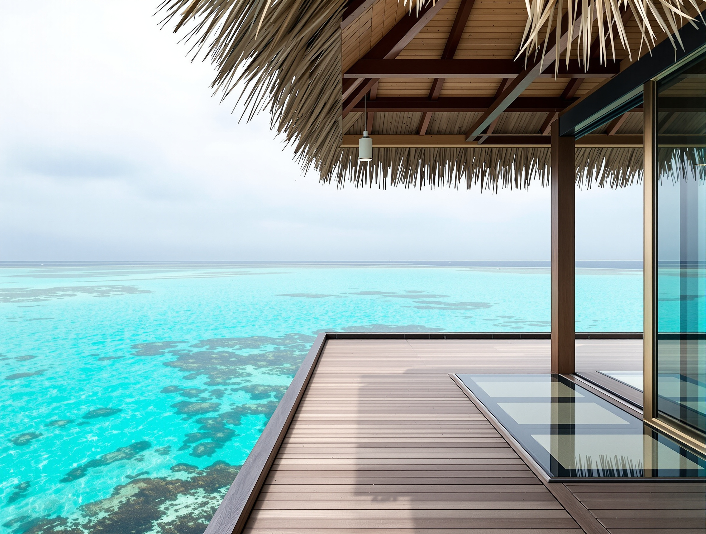 몰디브 리조트 수상방갈로 덱과 인도양
